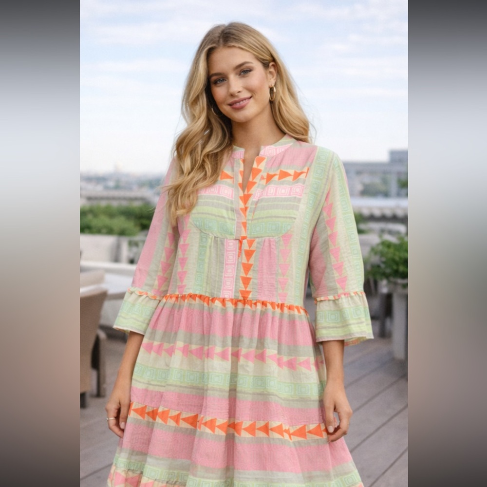 Anthro Luisa Perla tiered bell sleeve boho print dress $240 L nwot spring party